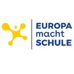 Europa macht Schule Logo. Links ein gelber Tintenklecks, rechts Europa macht Schule in blauer Schrift.