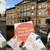 Collage aus drei Bildern mit Europa macht Schule Flyern im Vordergrund. Im Hintergrund sind Orte in Reutlingen und Tübingen zu sehen.
