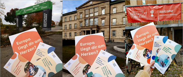 Collage aus drei Bildern mit Europa macht Schule Flyern im Vordergrund. Im Hintergrund sind Orte in Reutlingen und Tübingen zu sehen.