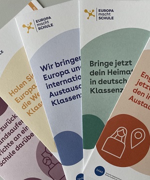 Flyer des Programms Europa macht Schule in verschiedenen Farben für unterschiedliche Zielgruppen