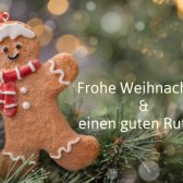 Lebkuchenmann an einem Tannenzweig: Frohe Weihnachten und einen guten Rutsch